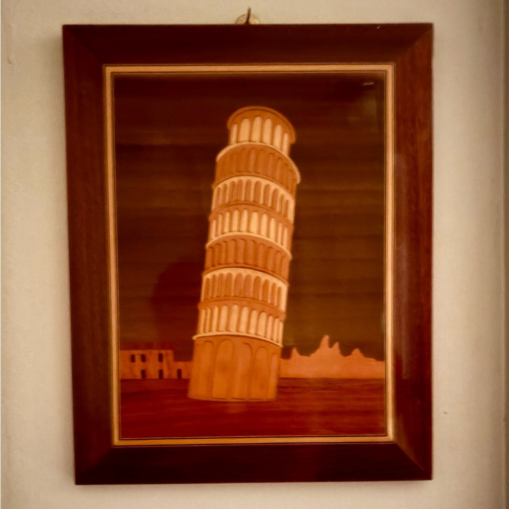 Vintage Italian Wood Marquetry Inlay Leaning Tower of Pisa Framed Wall Art